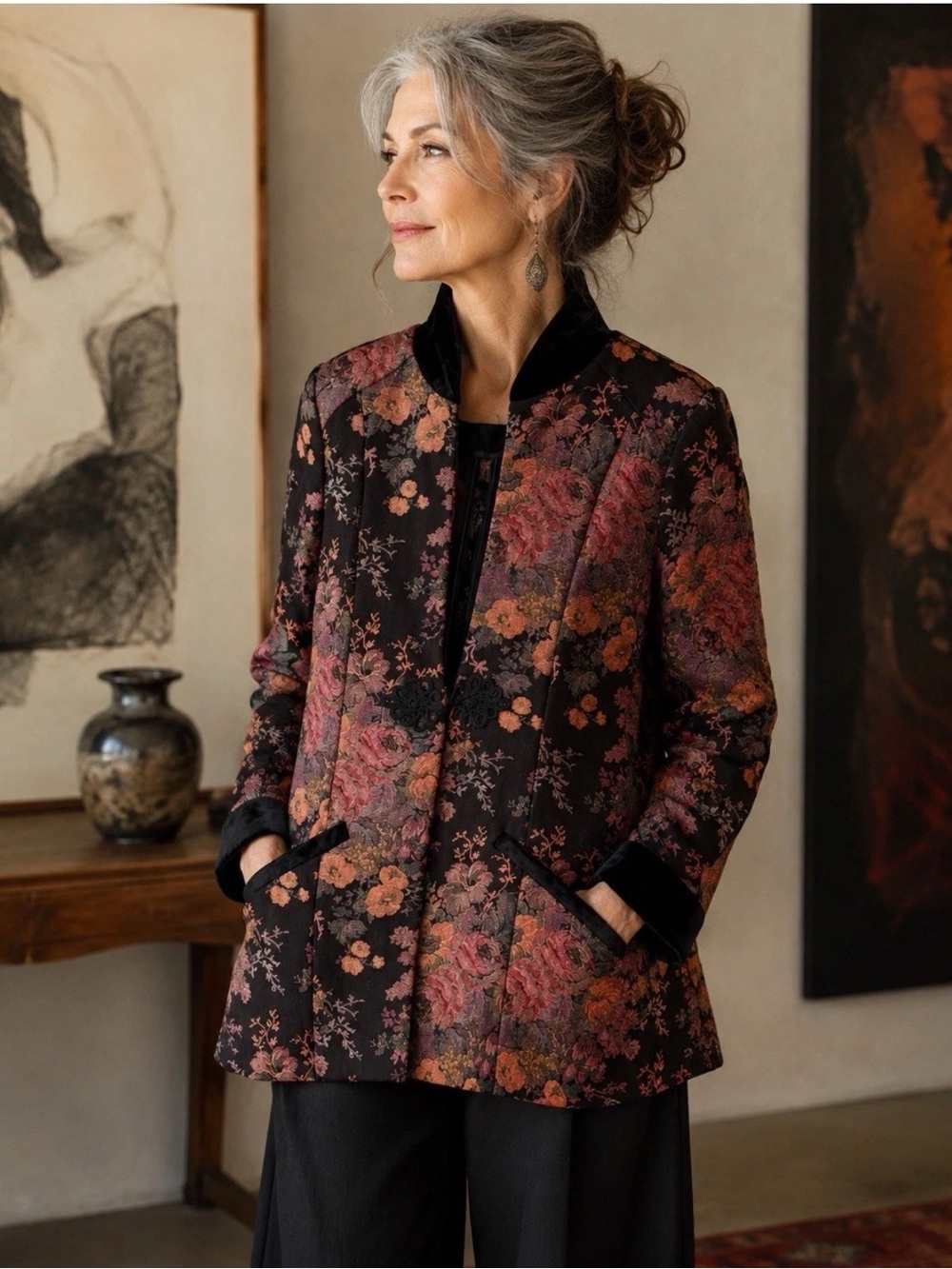 Soft Surroundings Floral Brocade Jacket Velvet Trim Mandarin Collar Boho XL